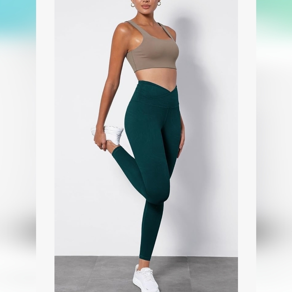 Cross Waist Yoga Leggings‎ with Inner Pocket, 2 Gathered Crossover Sz s teal